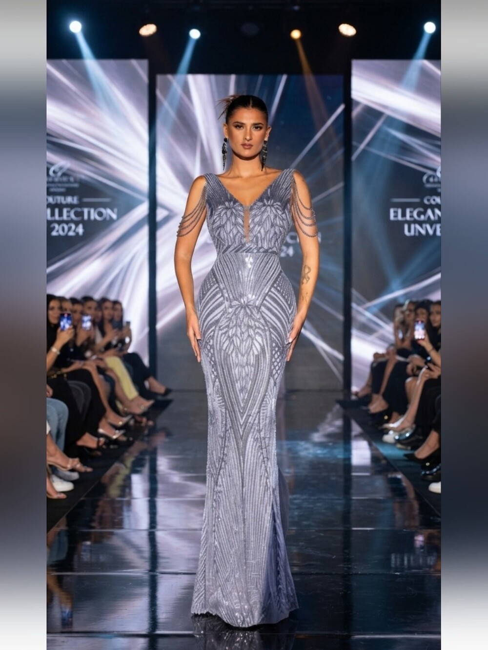 Lavender Beaded V-Neck Prom Gown with Draped Shoulder Chains